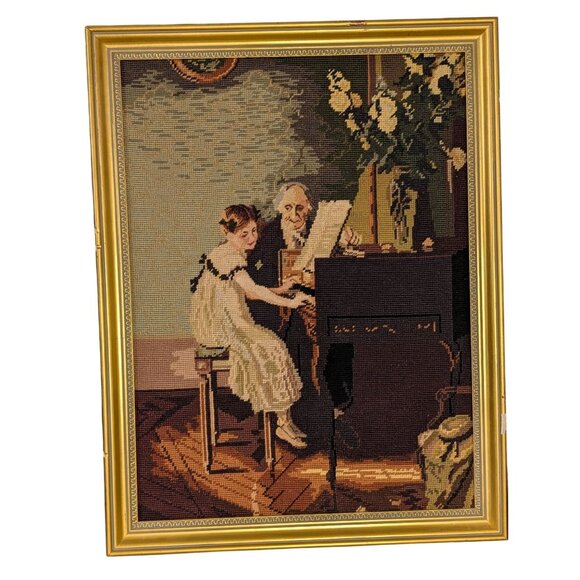 Vintage Needlepoint Tapestry Framed Art Piano lesson - Picture 1 of 16